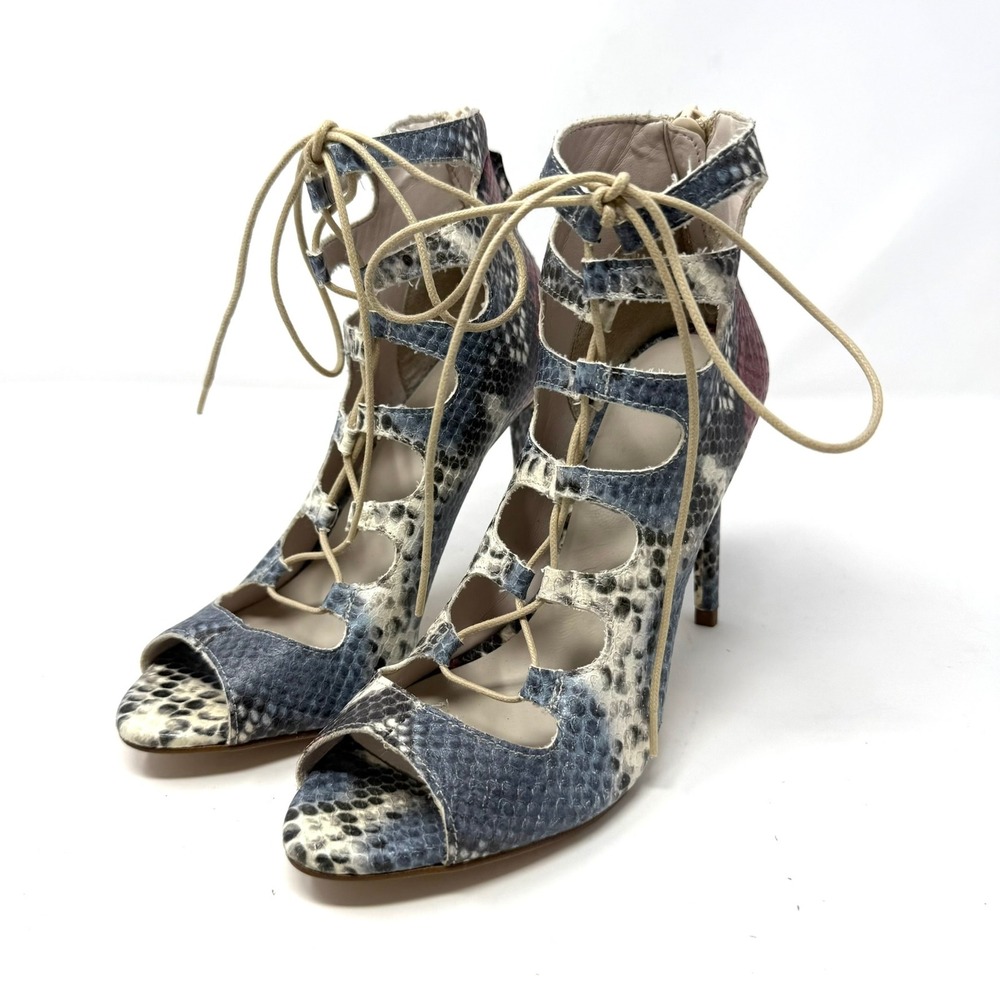 Zara Basic Snakeskin Print Caged Lace Up Stiletto Heels Blue Red EU 38‎ US 7.5